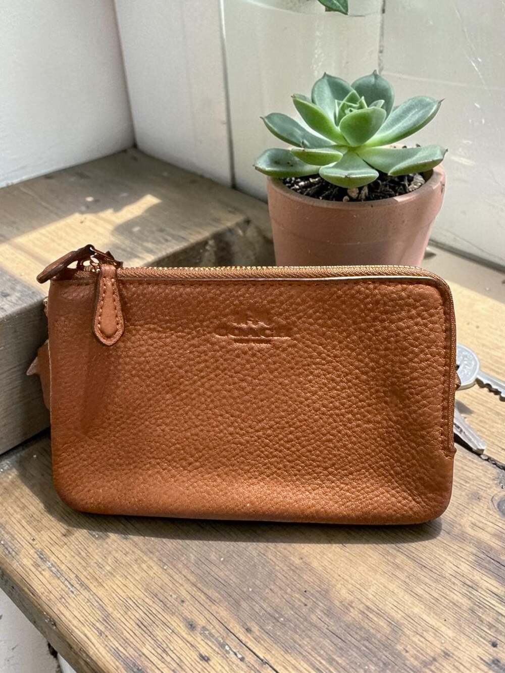 Coach Brown Pebbled Leather Double Zip Wristlet